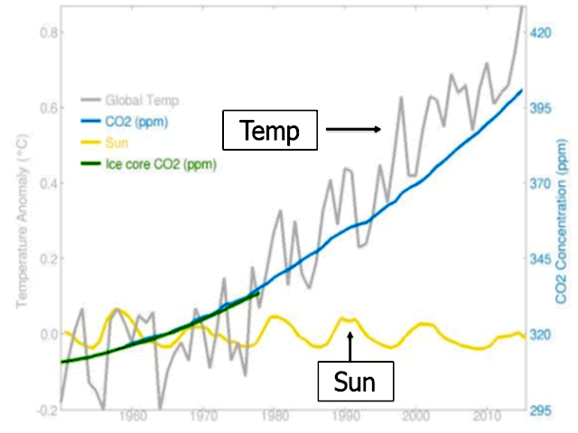 This chart shows almost no relationship to tepid solar activity in the past 45 years to global temperatures rising steadily. (Bernd Herd graphic by Nick Scalise)