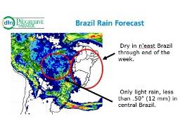 Almost no rain is forecast for northeastern Brazil through the New Year's weekend, and only light amounts are indicated for top soybean state Mato Grosso. (Brazil Meteorological Institute graphic)