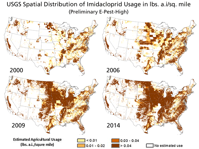 These USGS maps show how the use of one neonicotinoid, imidacloprid, grew extensively between 2006 and 2014. (Photo courtesy EPA and USGS)