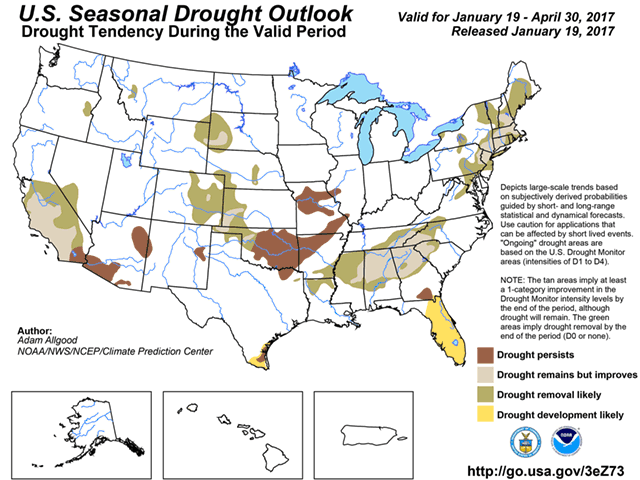 The latest Climate Prediction Center Drought Outlook is promising for drought to either decline or completely end in the Far West, southwestern Plains, and Southeast by the time the spring crop season begins. (Climate Prediction Center graphic)