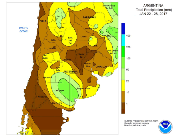 Much drier conditions in late January have allowed for welcome flood receding in central Argentina. (NOAA graphic)