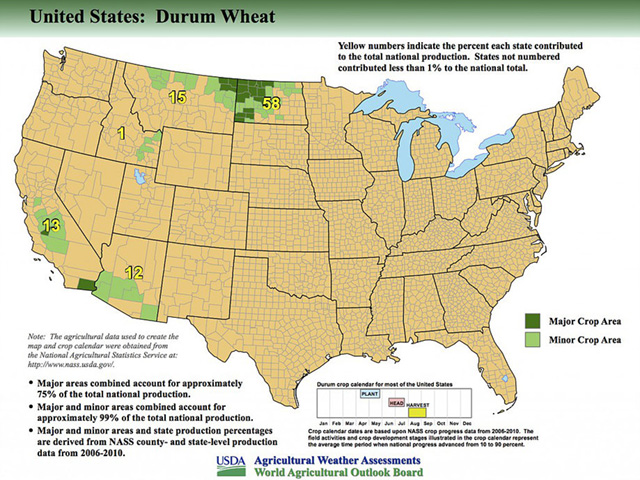 This map shows the U.S. durum triangle in Northwestern North Dakota/Northeastern Montana where the majority of durum is grown. (Photo courtesy USDA)