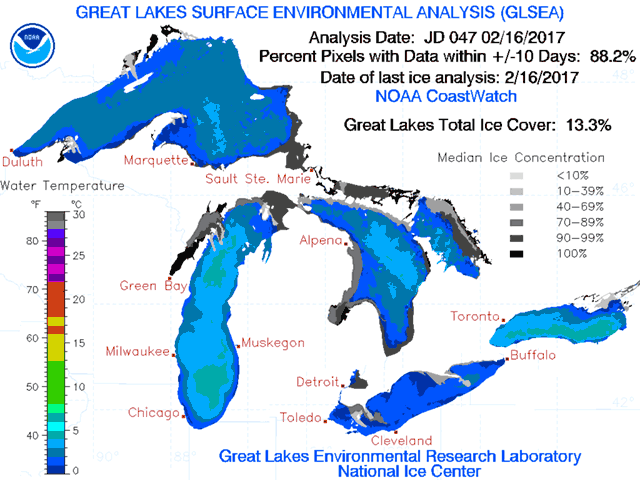 Ice coverage on Lake Superior is unseasonably light for this time of year. (Graphic courtesy of the NOAA Great Lakes Coastal Forecasting System)