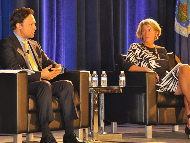 Rabobank executive Rajiv Singh and Land O&#039;Lakes COO Beth Ford discuss the prospect of a depressed farm economy coupled with uncertain trade relations at the 2017 Ag Outlook Forum in Arlington, Virginia. (DTN photo by Emily Unglesbee)