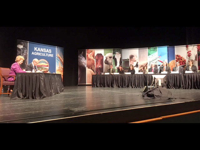 During a field hearing at Kansas State University in Manhattan, Kansas, this week, 21 Kansas witnesses make suggestions to Senate Agriculture Committee Chairman Pat Roberts, R-Kan. (second from left), and ranking member Debbie Stabenow, D-Mich. (far left), on how to make changes to the new farm bill. (DTN photo by Jerry Hagstrom)