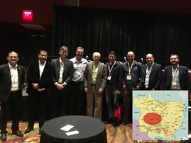 Brazil's Aprosoja delegation attended my DTN weather outlook program at Commodity Classic in San Antonio. Inset: Western Mato Grosso -- a large soybean production sector -- has had extensive rain damage. (Photo by Bryce Anderson; graphic by Nick Scalise)
