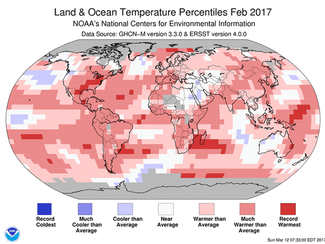 A map of February temperatures shows many areas with record warmth for the month -- including much of the central and eastern U.S. (NOAA graphic by Nick Scalise)
