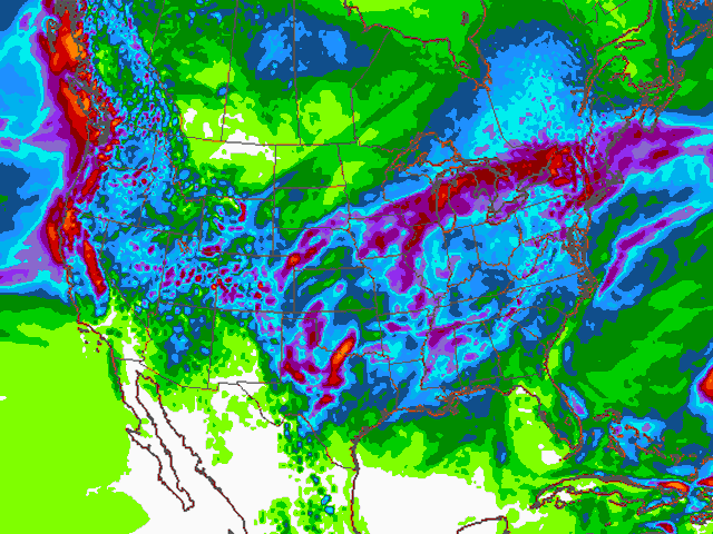 The U.S. forecast model March 23 has seven-day rainfall totals of 2 inches or higher for almost the entire southwestern Plains -- including the Texas Panhandle. (NOAA graphic by Nick Scalise)