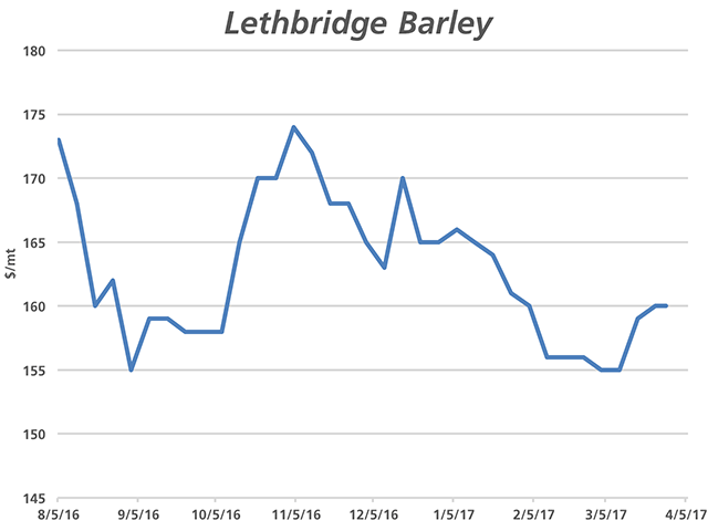 Feed barley delivered Lethbridge Alberta dipped to harvest lows of roughly $155 per metric ton in March, and have since moved higher, although potential upside remains limited. (DTN graphic by Nick Scalise)