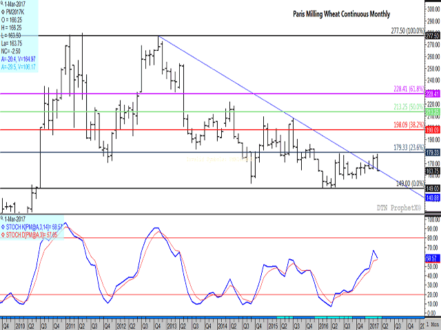 Paris milling wheat is facing pressure. Gains in early March were met with resistance near the 23.6% retracement of the move from the November 2012 high to the February 2016 low, calculated at EUR 179.33. This month's trading bar shows a bearish outside reversal trading bar, signaling a change in trend. The lower-study points to the long-term stochastic momentum indicators rolling over. (DTN graphic by Nick Scalise)