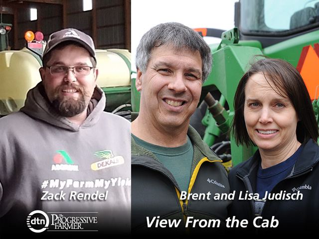 Zack Rendel of Miami, Oklahoma, (left) and Brent and Lisa Judisch of Cedar Falls, Iowa, are this year&#039;s featured DTN View From the Cab farmers. (Courtesy photo of Zack Rendel; DTN photo of Brent and Lisa Judisch by Pamela Smith)