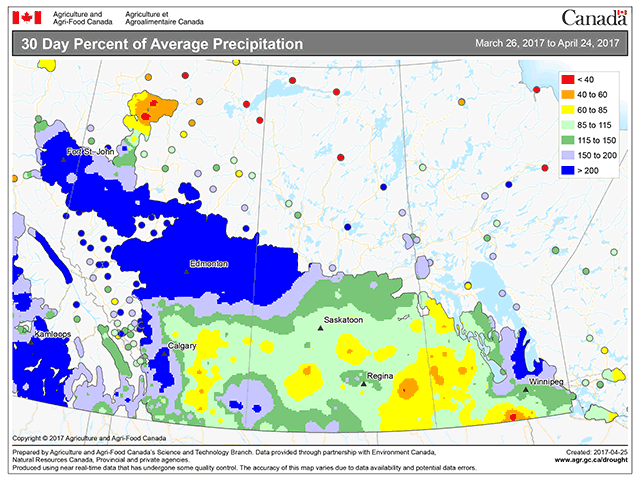Additional moisture this week in the western Prairies, much in the way of snow, will add further challenges to spring fieldwork. In the March 25-to-April 23 period, the 30 Day Percent of Average Precipitation reported by AAFC shows northern Alberta and northwestern Saskatchewan receiving more than 200% of average precipitation for this period. (DTN graphic by Nick Scalise)