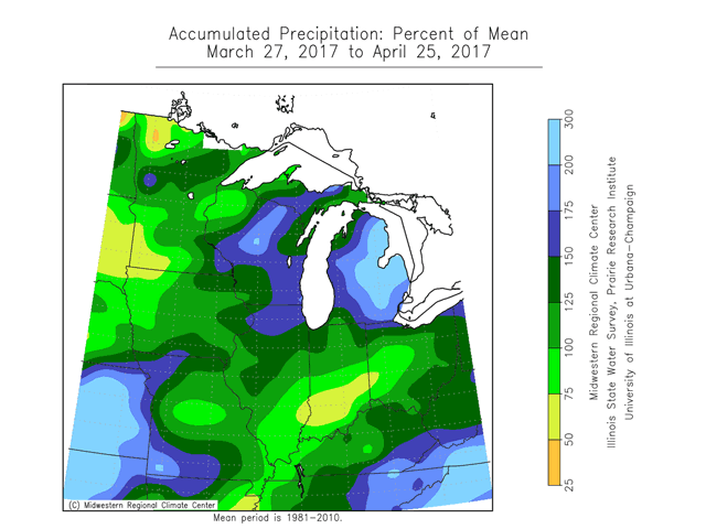 The past 30 days has drier conditions only in portions of the eastern and northwestern Midwest. (Midwest Regional Climate Center graphic)