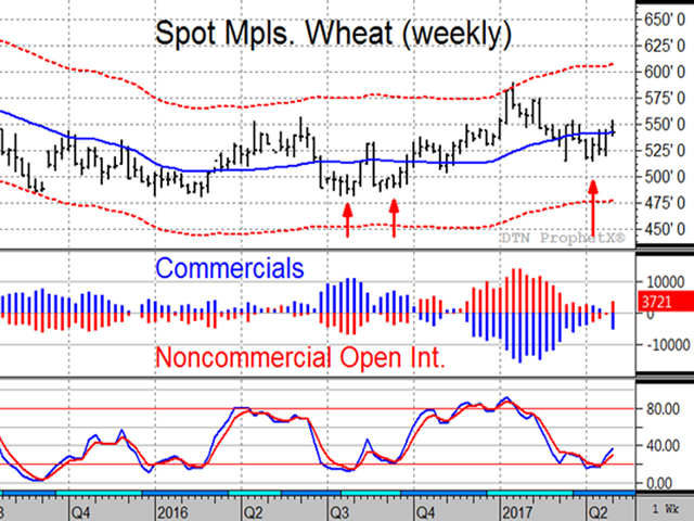 The weekly chart of Minneapolis wheat above shows commercials providing support to prices at previous lows (red arrows) and did so again in early-April. Source: DTN ProphetX. (DTN chart)