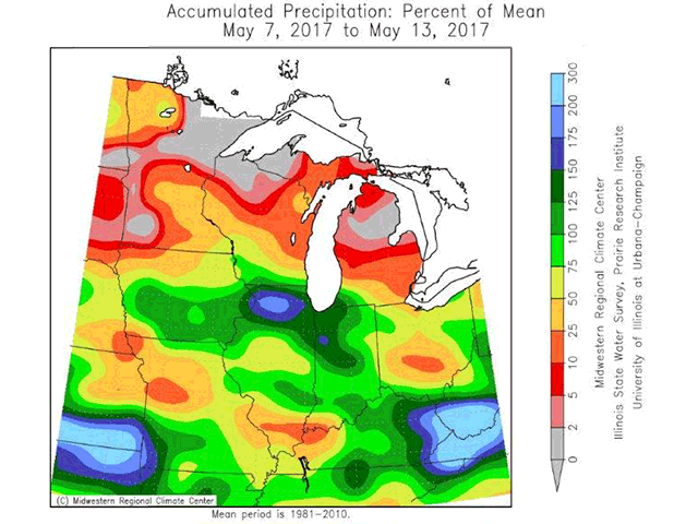 Seven-day rainfall totals May 7-13 show many areas were drier and better for planting progress. (Midwest Climate Center graphic by Nick Scalise)