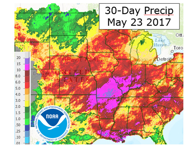 Despite rainfall totals of up to ten inches in the past 30 days, Midwest planting is practically on par with average. (NOAA graphic by Scott Kemper) 