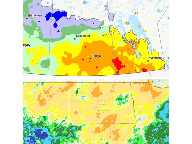 No more than half the normal precipitation fell during the March-to-May period over the eastern Canadian Prairies (top) and Northern Plains (bottom). (AAFC and NOAA graphics by Nick Scalise) 