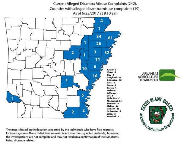 Complaints claiming misuse or drift of dicamba herbicide continue to mount in Arkansas. (Graphic courtesy of the Arkansas Agriculture Department)