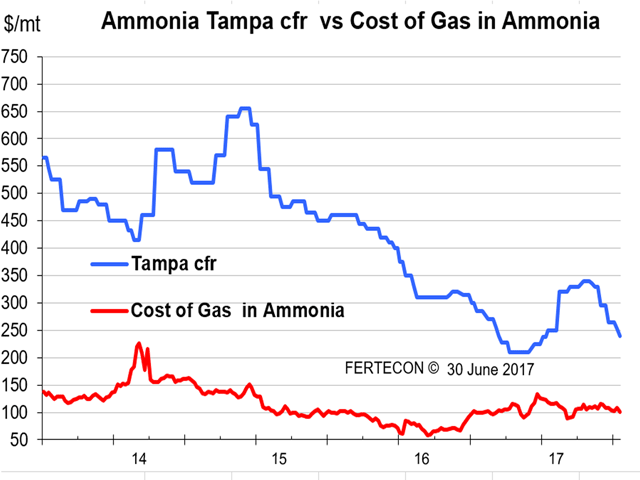 This chart compares the cost and freight price of ammonia at Tampa to the cost of gas in ammonia. (Graphic by Karl Stenerson)