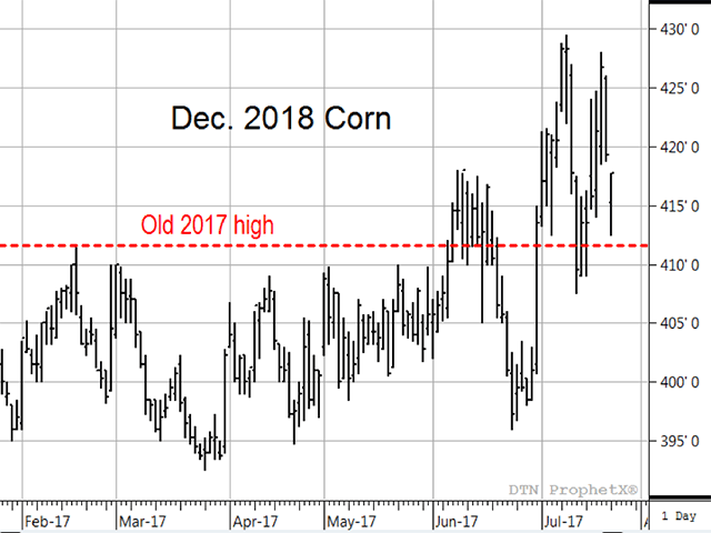 While the lack of increase in Dec. 2017 corn prices has been frustrating to many people during a hot July, the daily chart above shows a more bullish response in later months such as Dec. 2018 corn (Source: DTN ProphetX).