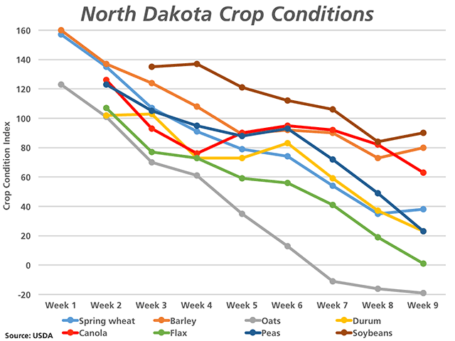 This chart shows the trend in the crop condition index for selected crops in North Dakota. In the week ending July 23, spring wheat, barley and soybeans showed a slight increase in the crop condition index. Of the crops shown, the crop condition index for oats and flax have dropped each week since the release of the first rating. (DTN graphic by Nick Scalise)