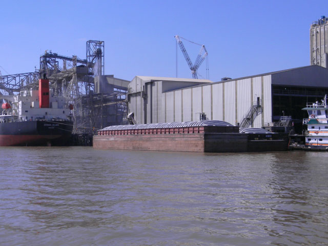 Barges off-load soybeans onto a ship at Bunge elevator in Destrahan, Louisiana. USDA Federal Grain Inspection is responsible for checking the condition of ships before they are berthed and then takes samples as the ships load, providing an official grade necessary for export. (DTN photo by Mary Kennedy)