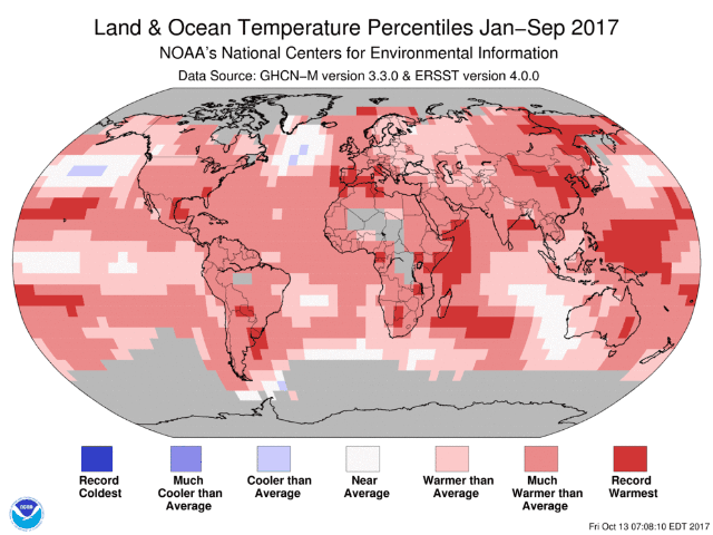 Hardly any area of the globe had below-normal temperatures during January through September 2017. Many locales set record-warm standards. (NOAA graphic by Nick Scalise)