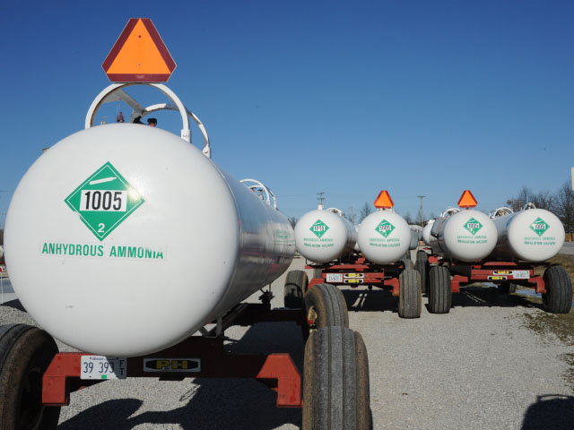 Anhydrous ammonia tanks become a common sight this time of year in farm country. Remember to watch the weather and soil conditions carefully before making fertilizer applications. (DTN photo by Pamela Smith)