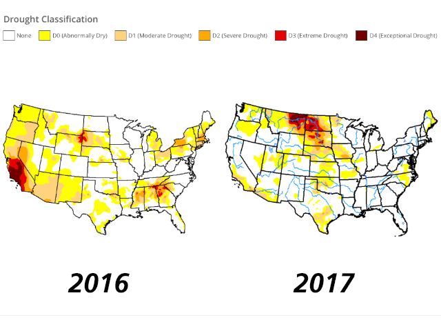 The U.S. Drought Monitor maps above show at least six of the top eight corn-producing states in 2017 (right map) had significantly drier conditions in early August than in 2016 (left map), including the top producing state of Iowa (Source: National Drought Mitigation Center, University of Nebraska).