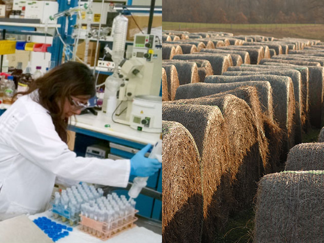 Edeniq&#039;s technology allows corn-ethanol plants to track cellulosic gallons produced from corn fiber. (Photo on left courtesy of Edeniq; DTN/The Progressive Farmer photo of bales by Jim Patrico)