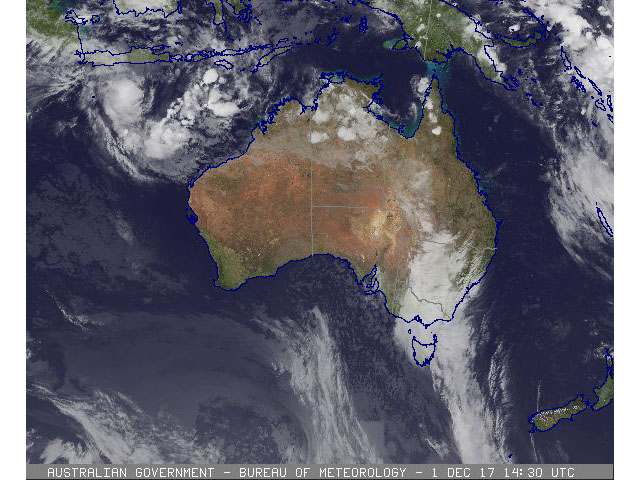 Strong storms packing rain of more than 12 inches show up on Australia satellite imagery Friday, Dec. 1. (Australia BOM illustration by Nick Scalise)