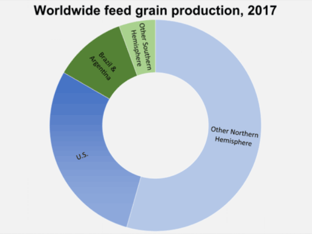 Together, Brazil and Argentina account for over 66% of the Southern Hemisphere&#039;s production of barley, corn, millet, oats, rye, sorghum and mixed grain. (DTN graphic by Elaine Kub)