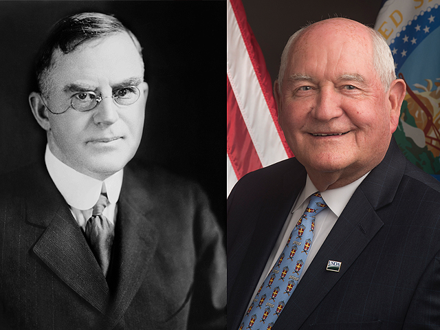 Pictured are Henry C. Wallace, U.S. ag secretary under President Warren G. Harding, and current Ag Secretary Sonny Perdue. (Public domain photo of Wallace; Perdue photo courtesy of USDA)