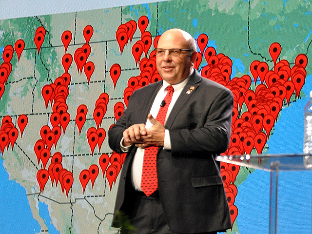 American Farm Bureau Federation President Zippy Duvall stood in front of a map of social media imprints during the AFBF annual convention; he encouraged Farm Bureau members to pull out their cell phones and send more than 1,000 social media messages for President Donald Trump to recognize the importance of trade to farmers. (DTN photo by Chris Clayton)