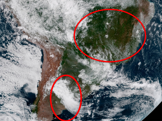 Mid-January satellite imagery in South America features dry conditions in northeastern Brazil, and a round of thunderstorms in Argentina. (GOES-16 satellite image)