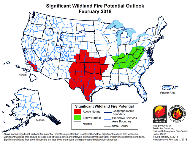 The Central and Southern Plains have significant wildland fire potential, but unfortunately, dry conditions are forecast to continue for the next few months. (Map courtesy of National Interagency Coordination Center)