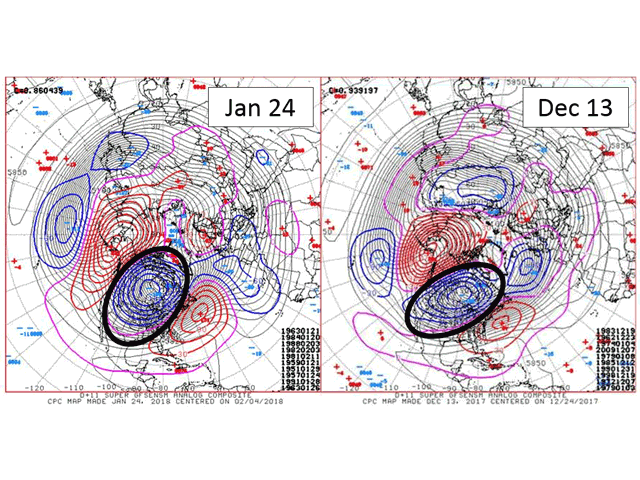 The two-week upper air forecast chart in late January (left) is almost identical to that of mid-December (right) which presaged the bitter cold wave in late 2017. (NOAA graphic)