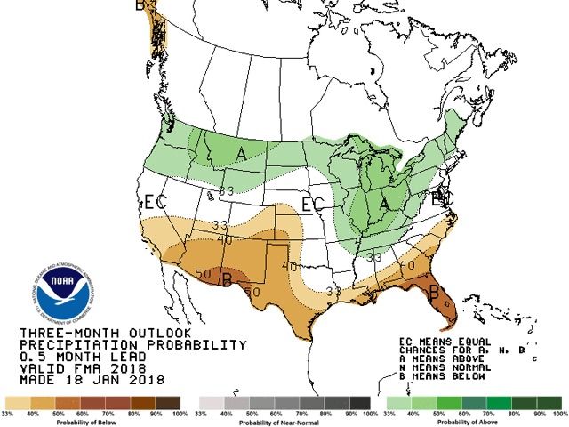 The three-month outlook of spring precipitation shows it is not favorable for the Southern Plains. (Graphic courtesy of NOAA)