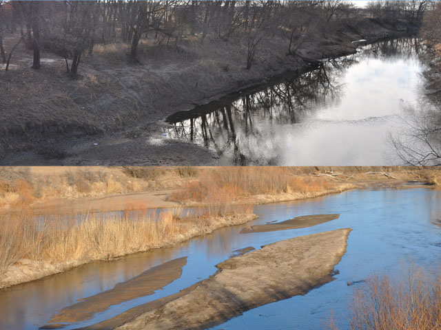 The top and bottom photos are both snapshots of the Little Arkansas River watershed between Sedgewick, Kansas and Wichita, where a pair of programs have been used to reduce atrazine and sediment flows during times of heavy rain. (DTN photos by Chris Clayton)
