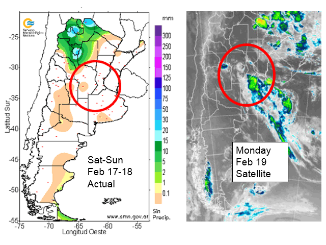 Central Argentina was mainly dry Feb. 17-18. Rain was featured in no more than a third of this area Feb. 19. (Servicio Meteorologica graphics)