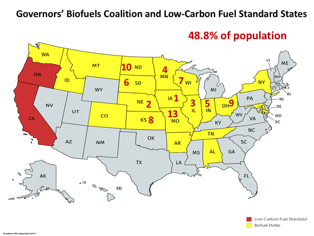 The states in yellow represent states that are part of the Governors' Biofuels Coalition. The numbers represent that state's rank in ethanol production. California and Oregon in red have low-carbon fuel standards. Combined, all of the red and yellow states hold just under 49% of the country's population. (map produced by Chris Clayton) 