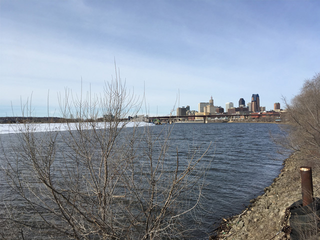 Pictured is the quiet Mississippi River in downtown St. Paul, Minnesota, March 16, 2018. Shippers in the Twin Cities District are waiting for the last of the ice to melt on Lake Pepin so the first barge can make it here to open the 2018 shipping season. (Photo courtesy of Michelle Heck Webster, St. Paul, Minnesota)