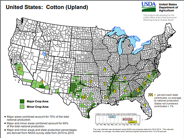 This USDA chart shows how cotton production is distributed across the southern U.S. Currently, the Texas Panhandle has extreme drought conditions, the lower Mississippi Delta has areas of flooding, and the southern Atlantic coast is on the dry side, but has rain in this week&#039;s forecast. (Graphic courtesy of USDA.gov)