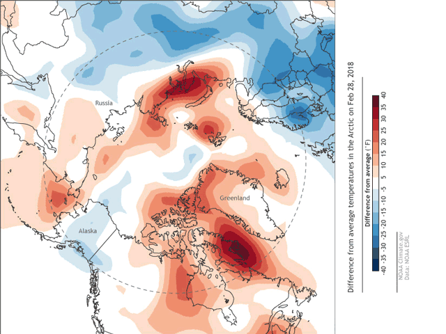 Surface temperature over the Arctic region on February 28, 2018, compared to the 1981-2010 average. Areas of up to 40 degrees F warmer than average are in shades of orange and red. Cooler-than-average areas appear in shades of blue. (NOAA Climate.gov map)