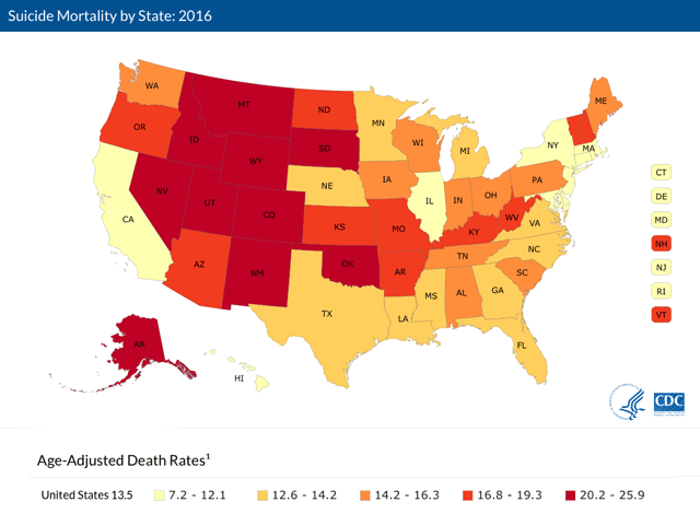 This map shows the number of suicide-related deaths per 100,000 total population by state in 2016. (Graphic courtesy of the CDC/National Center for Health Statistics) 