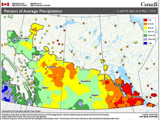 Parts of the Canadian Prairies, especially in Manitoba, have seen below- and much-below their average precipitation. (Agriculture and Agri-Food Canada graphic)