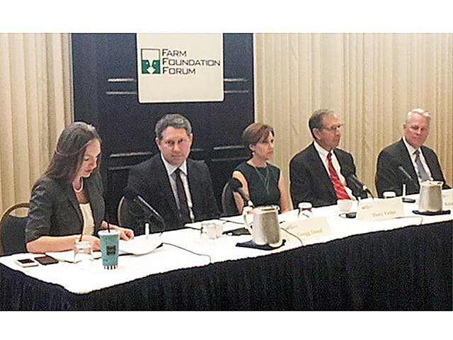 A panel of chief agricultural negotiators, past and present, discussed trade at a Farm Foundation Forum on Tuesday in Washington. From left, Megan Provost, Farm Foundation vice president of policy and programs (moderator), Chief Agriculture Negotiator Gregg Doud and former agriculture negotiators Darci Vetter, Richard Crowder and Al Johnson. (Photo by Jerry Hagstrom)