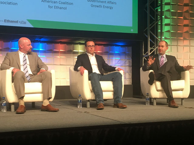 Panelists at the Fuel Ethanol Workshop in Omaha on Tuesday talked about the state of federal biofuels policy. Pictured from left to right are Geoff Cooper, Renewable Fuels Association; Brian Jennings, American Coalition for Ethanol; and Jim Fuher, Growth Energy. (DTN photo by Todd Neeley)