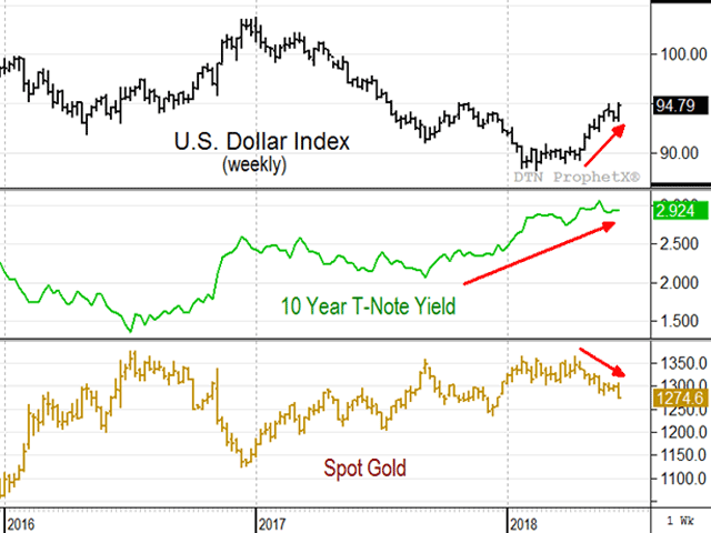 Friday&#039;s closes show an emerging picture that is bearish for grain and oilseed prices. A growing U.S. economy, fueling higher interest rates and a rising U.S. dollar is starting to have a bearish impact on gold and crude oil prices -- two commodities that have a high correlation to corn, soybean and wheat prices. (DTN ProphetX chart)