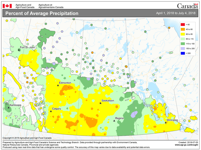Well over half of the Canadian Prairies crop areas show precipitation deficits of 20% or more below normal since April 1. (AAFC graphic)